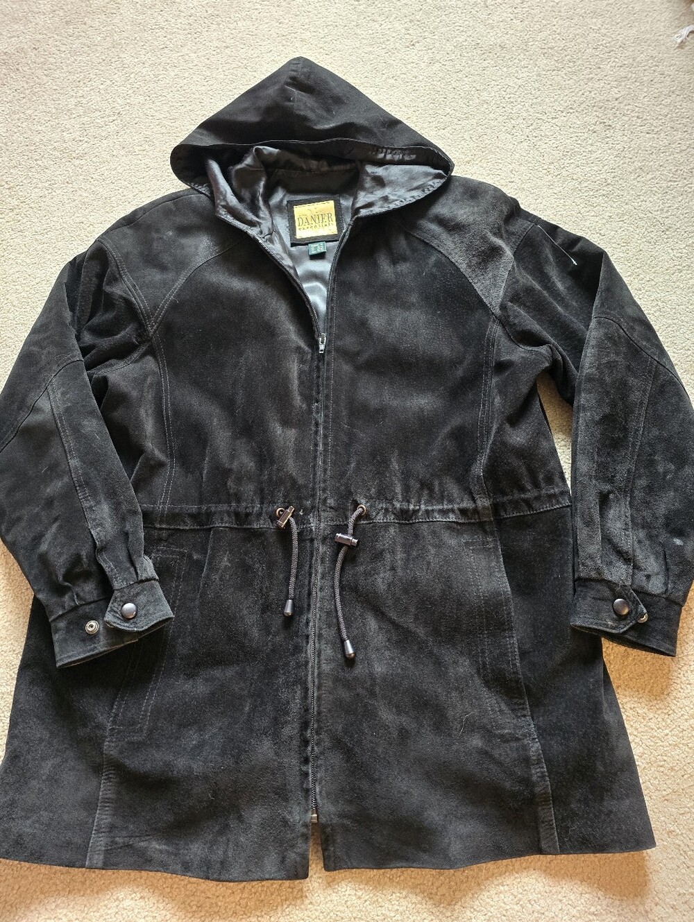 Daniel Leather Essentials Vintage Black Suede Hooded Jacket Coat Size Medium
